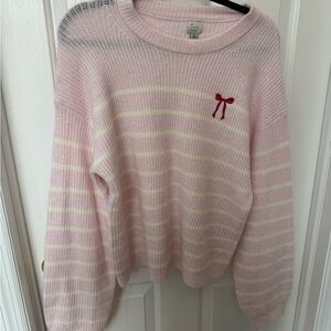 A New Day Pink Striped Sweater with Red Bow Accent